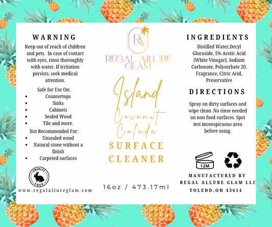 Product label for Regal Allure Glam surface cleaner with pineapple graphics on a teal background