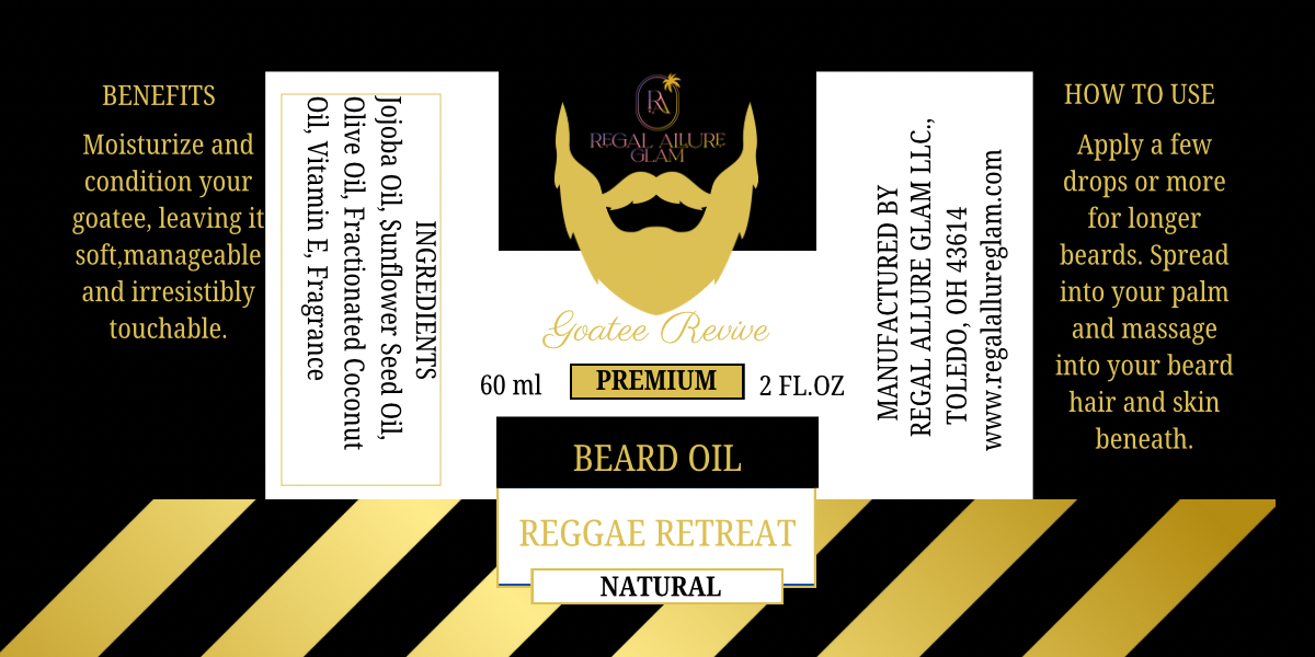 Digital label for Regal Allure Glam LLC Goatee Revive Reggae Retreat Premium Beard Oil manufactured in Toledo Ohio featuring a golden goatee silhouette black and gold diagonal stripes and natural ingredients like Jojoba and Sunflower Seed oils