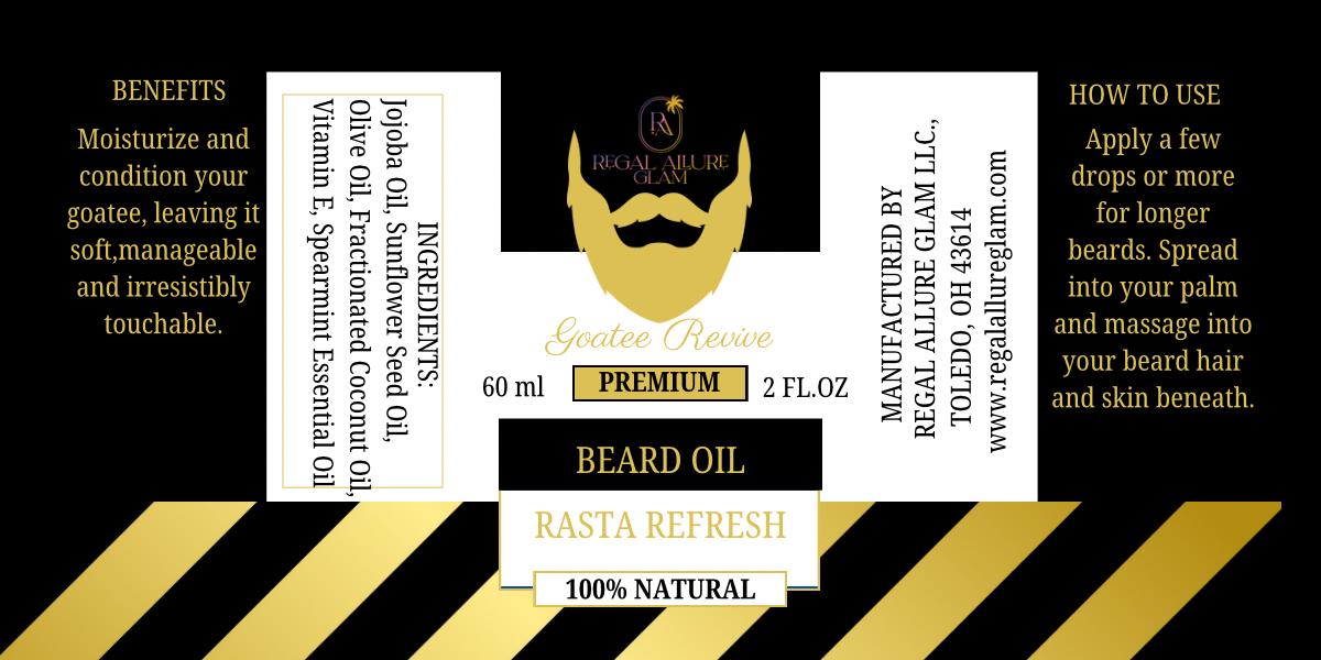 Product label design by Regal Allure Glam for Goatee Revive Beard Oil manufactured in Toledo OH, featuring a bold black and gold design with a prominent gold beard logo, key product details like Rasta Refresh Premium and 100% Natural, and ingredients including Jojoba Oil and Spearmint Essential Oil