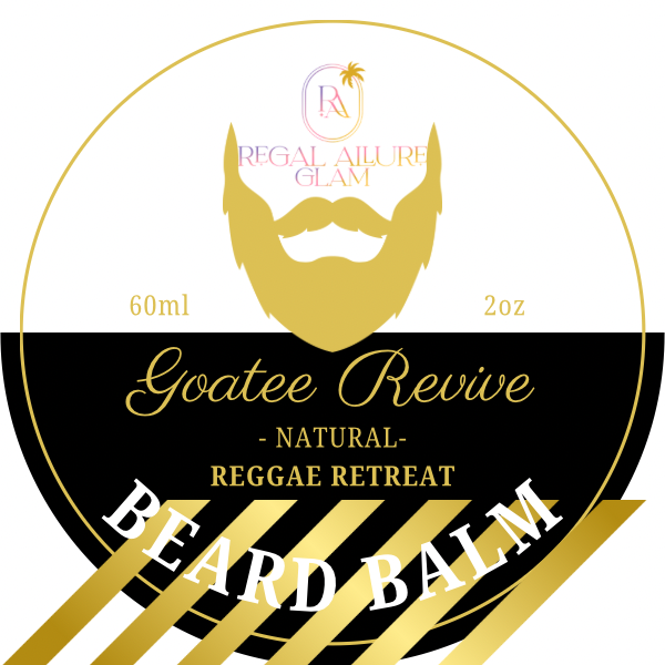 Graphic design product label for Regal Allure Glam Goatee Revive Natural Reggae Retreat Beard Balm in a circular black, white, and gold scheme, featuring a prominent gold stylized beard icon, an "R" palm tree logo, and diagonal gold stripes at the base