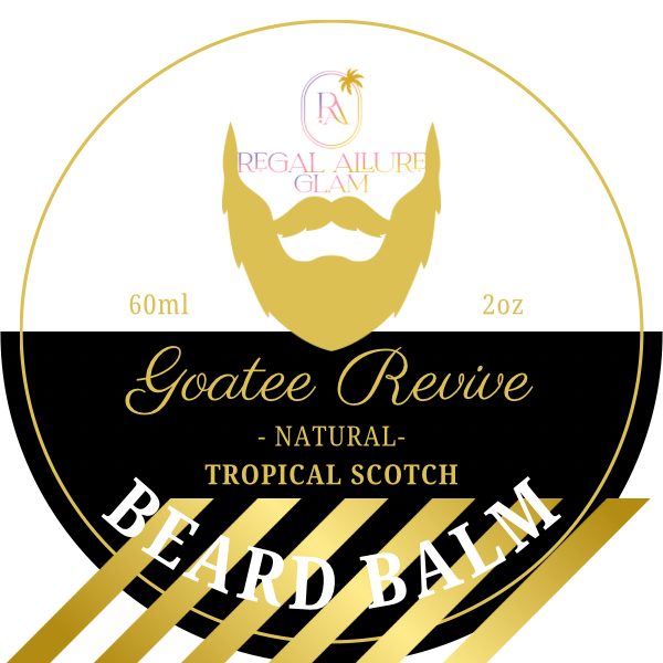 Product label for Regal Ailure Glam Goatee Revive Natural Tropical Scotch Beard Balm featuring a golden beard silhouette, a black and white design with bold golden diagonal stripes, and a brand logo with an RA initial and palm tree icon