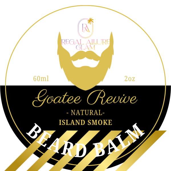 Product label for Regal Ailure Glam Goatee Revive Island Smoke Beard Balm featuring a golden beard silhouette, a brand logo with a palm tree, and a striking black and gold design with diagonal stripes