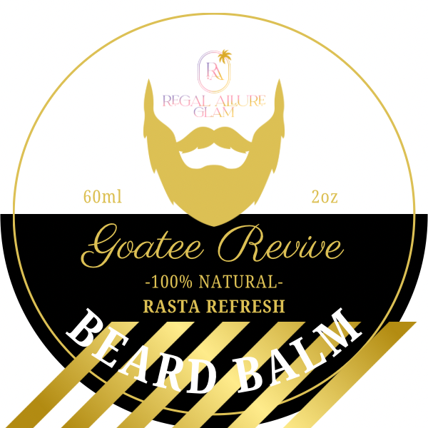 Digital product label for Regal Aillure Glam Goatee Revive Beard Balm featuring a golden goatee silhouette a stylized R and palm tree logo and striking black and gold diagonal stripes with 100% Natural Rasta Refresh text