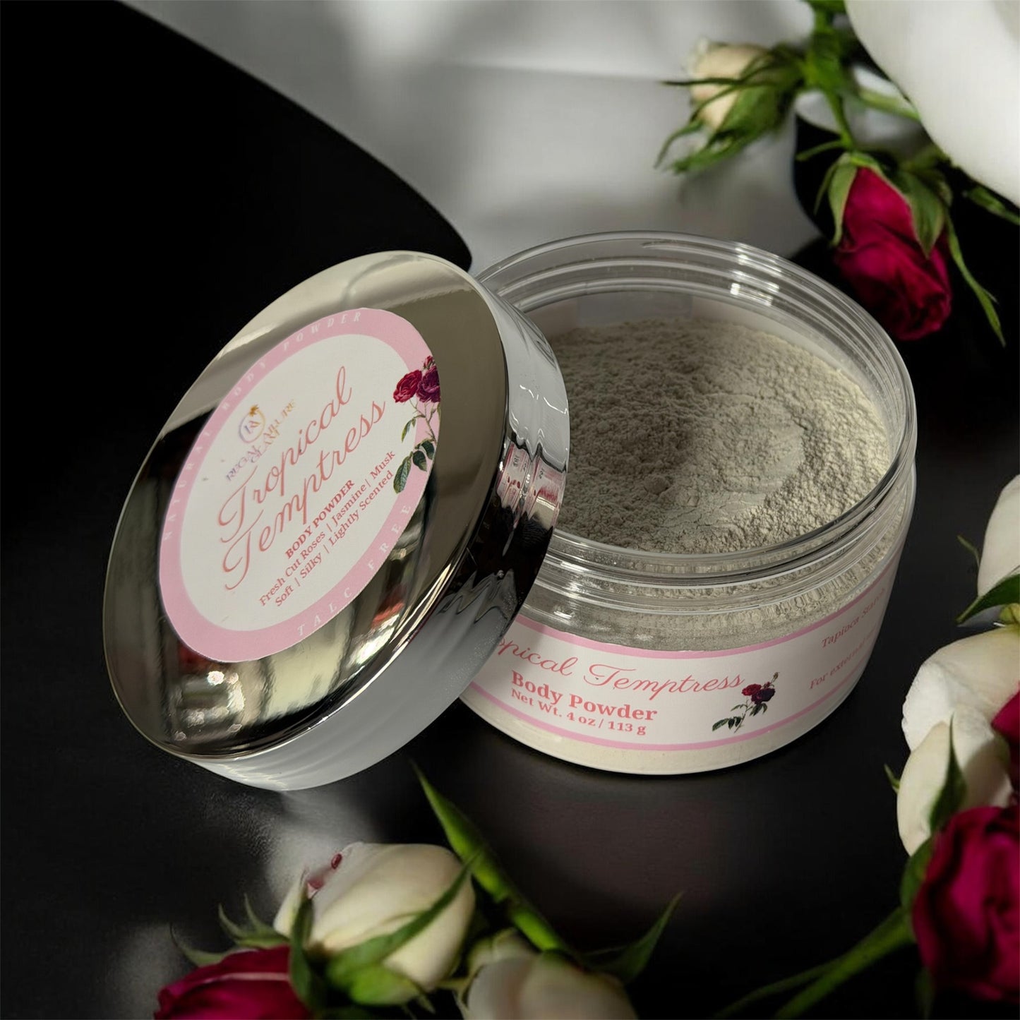 Close-up of Silk Body Powder jar with premium powder puff, natural talc-free formula