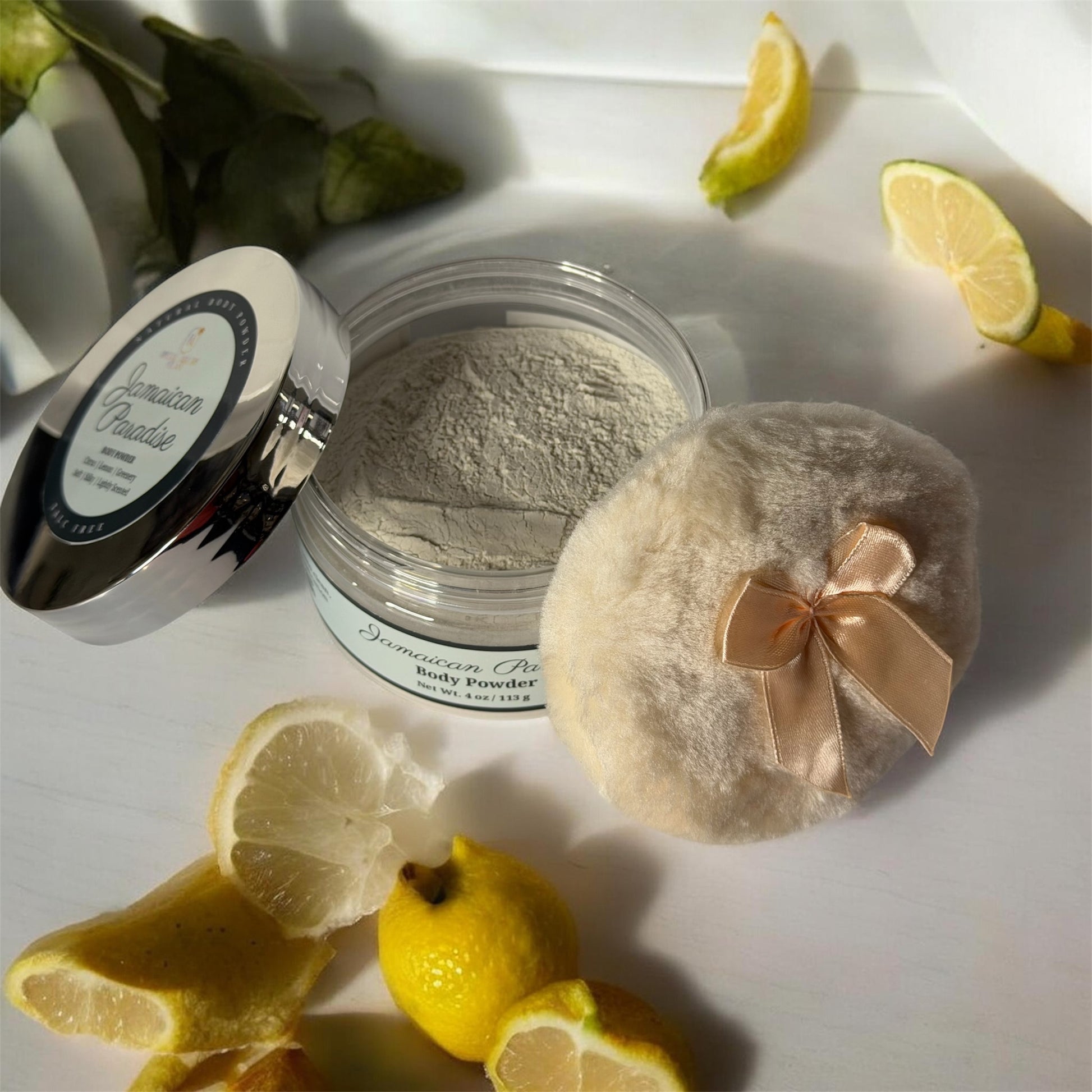 Premium powder puff resting on Silk Body Powder jar, soft velvet applicator
