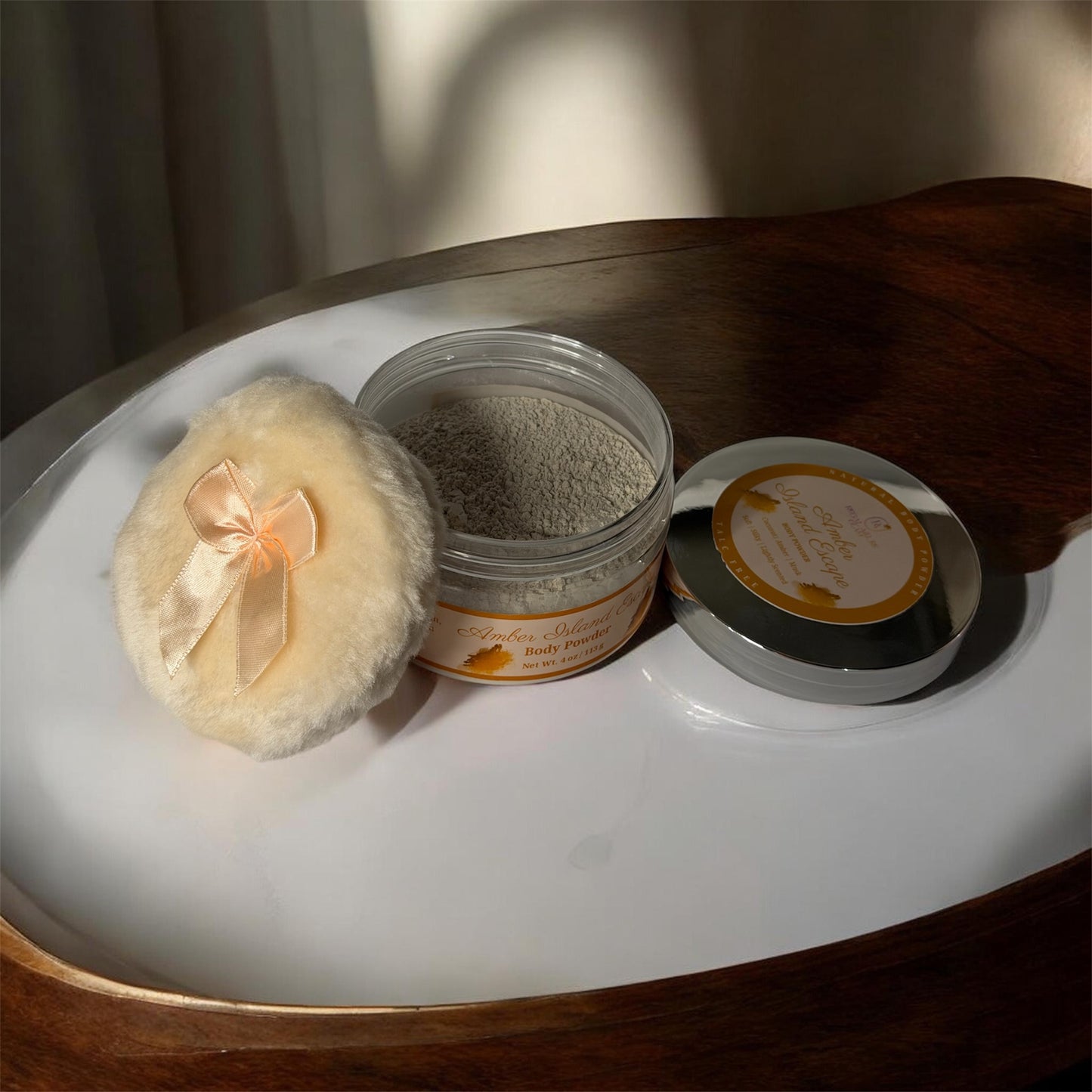ilk Body Powder & Puff Set lifestyle shot, post-shower luxury body care ritual